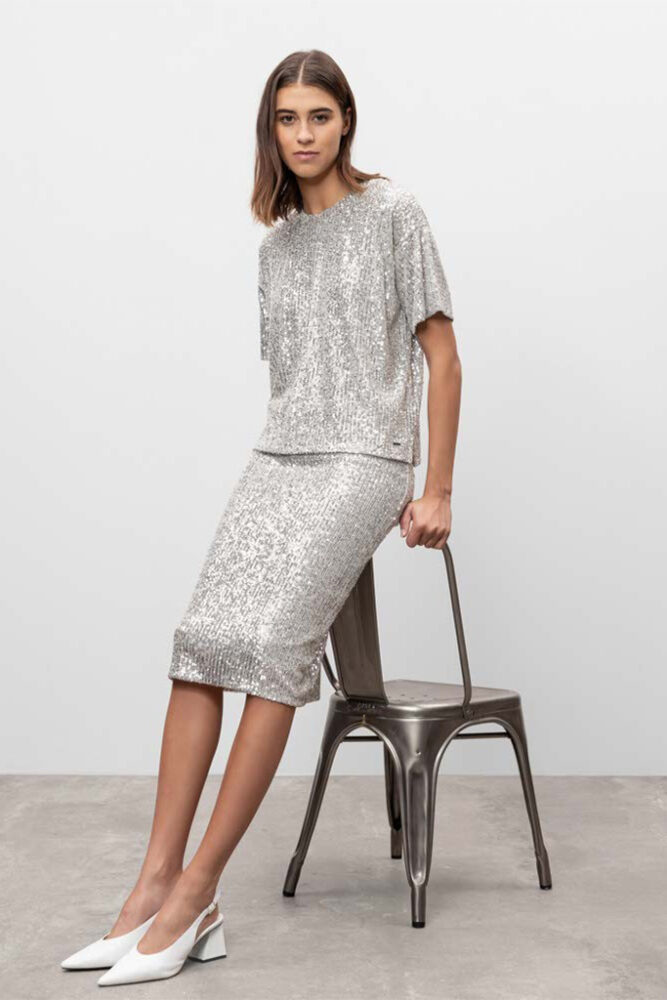 Herrlicher - Sukňa midi s flitrami Silver - silver