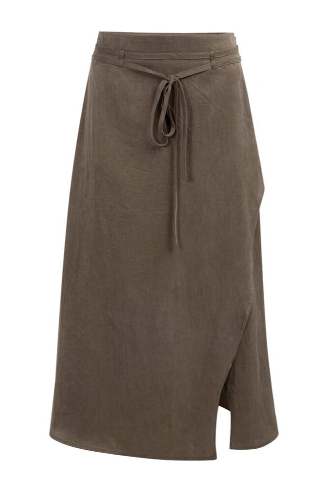 YAYA - Midi sukňa s prekríženým strihom a viazacím pásikom - washed brown