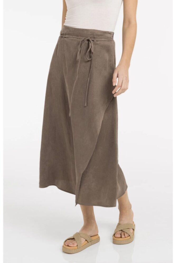 YAYA - Midi sukňa s prekríženým strihom a viazacím pásikom - washed brown