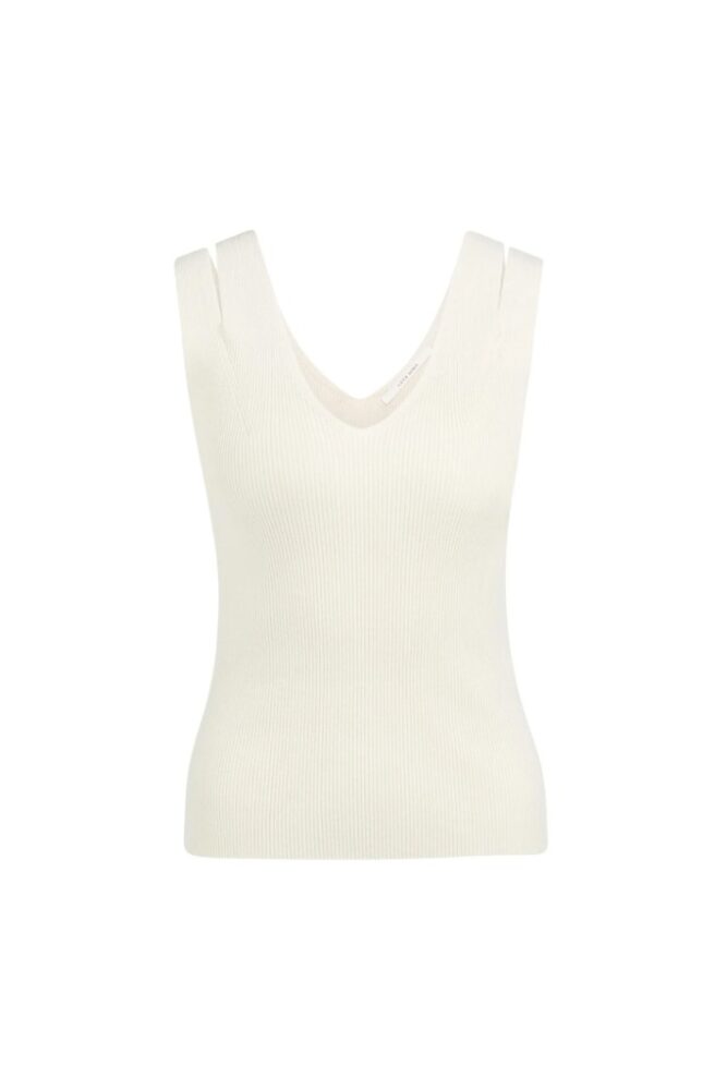 YAYA - Rebrovaný pletený top s výstrihom do V a ozdobnými detailmi na ramenách - beige