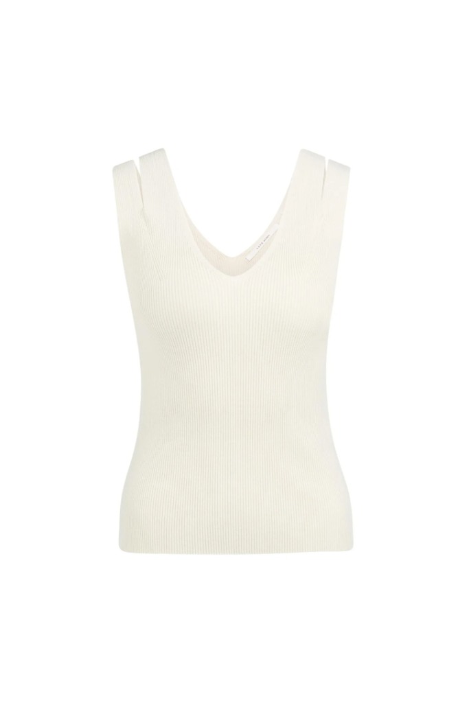 YAYA - Rebrovaný pletený top s výstrihom do V a ozdobnými detailmi na ramenách - beige