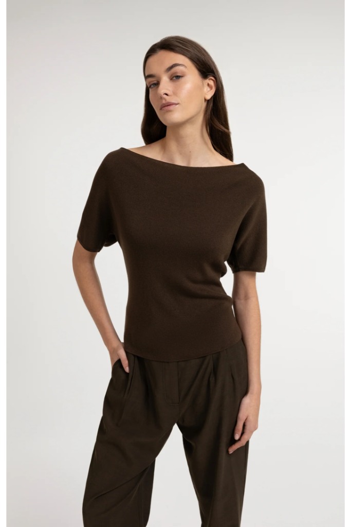 YAYA - Pletený top s krátkym rukávom a splývavým výstrihom - slate black brown