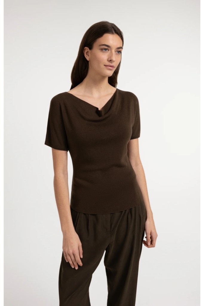 YAYA - Pletený top s krátkym rukávom a splývavým výstrihom - slate black brown