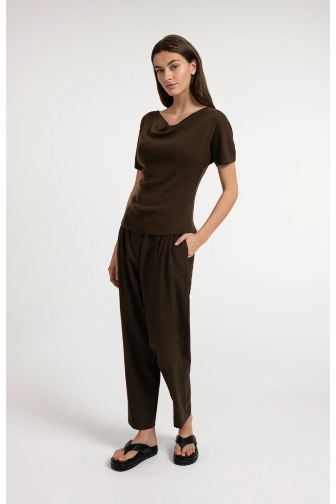 YAYA - Pletený top s krátkym rukávom a splývavým výstrihom - slate black brown