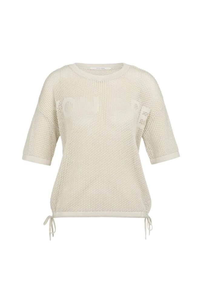 YAYA - Ľahký ažúrový pletený top s krátkym rukávom a jemným nápisom - beige