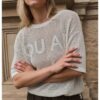 YAYA - Ľahký ažúrový pletený top s krátkym rukávom a jemným nápisom - beige