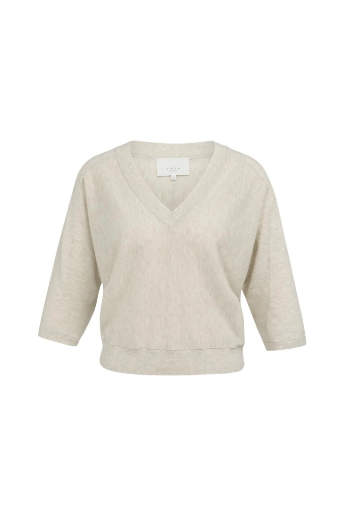 YAYA - Jemný sveter s výstrihom do V a 3/4 rukávmi - beige melange