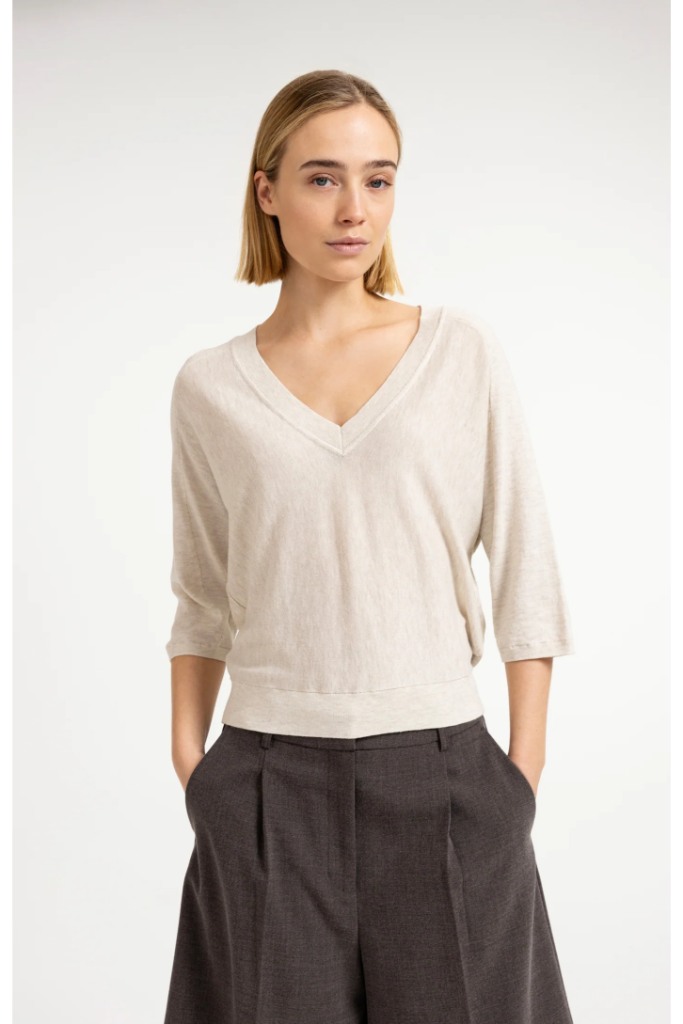 YAYA - Jemný sveter s výstrihom do V a 3/4 rukávmi - beige melange