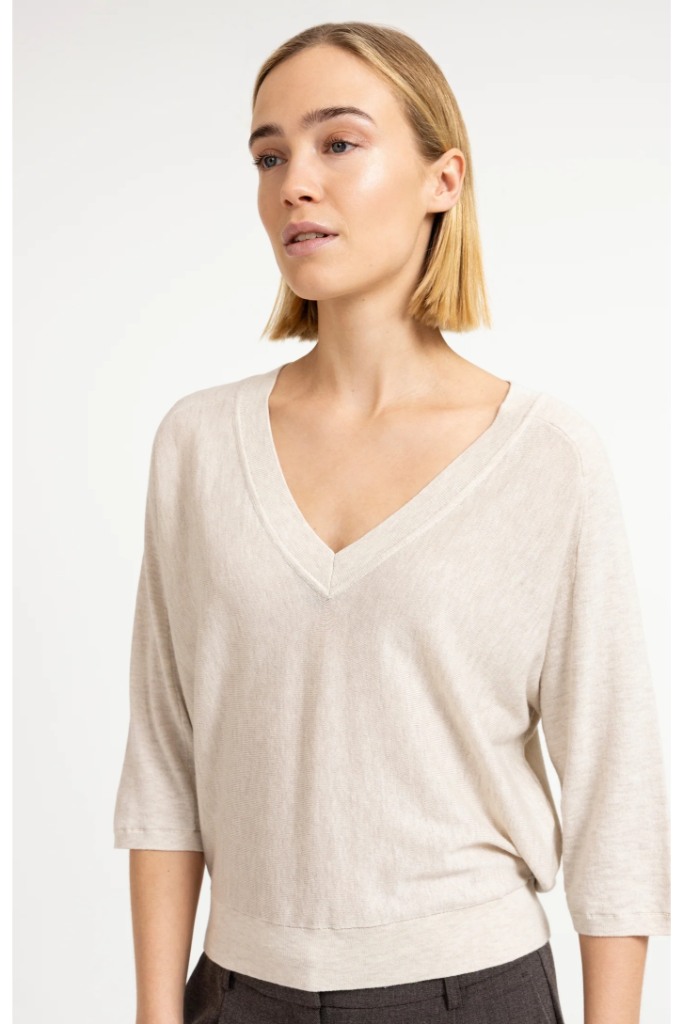 YAYA - Jemný sveter s výstrihom do V a 3/4 rukávmi - beige melange