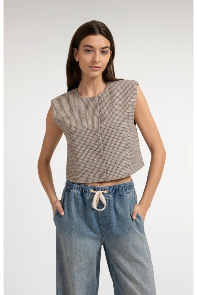 YAYA - Károvaná vesta s výraznými ramenami - beige dessin