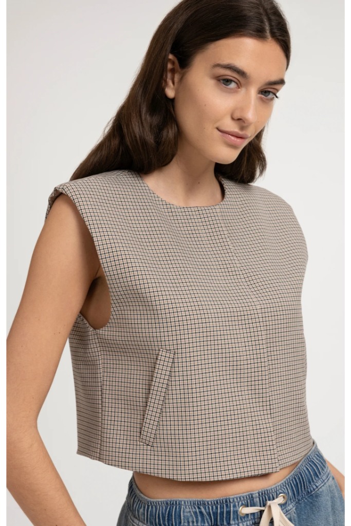 YAYA - Károvaná vesta s výraznými ramenami - beige dessin
